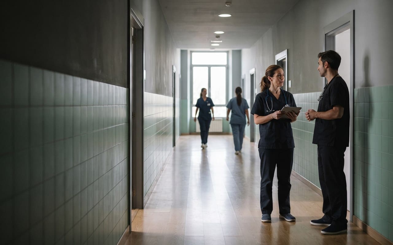 Una médica en el control de planta del instituto, con una tableta en las manos, hablando con un compañero